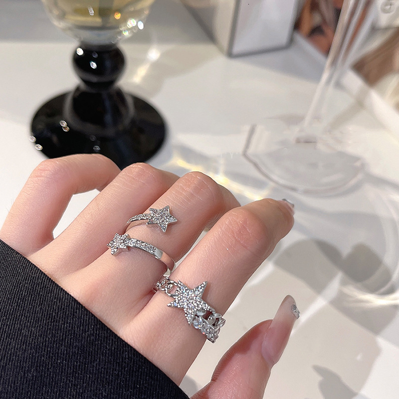 Band Rings Y2K Shiny Star Opening Sweet Harajuku Pentagram Bling Crystal Adjustable Ring Fashion Jewelry for Women Gifts 230410