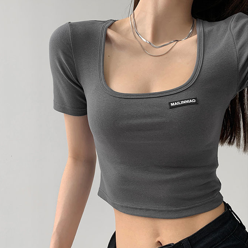 Women's T-Shirt Korean Square Neck Tops Women Summer Tight Short Sleeve Tees Solid Color Cropped Top Female 230410, White
Women's T-Shirt Korean Square Neck Tops Women Summer Tight Short Sleeve Tees Solid Color Cropped Top Female 230410, White