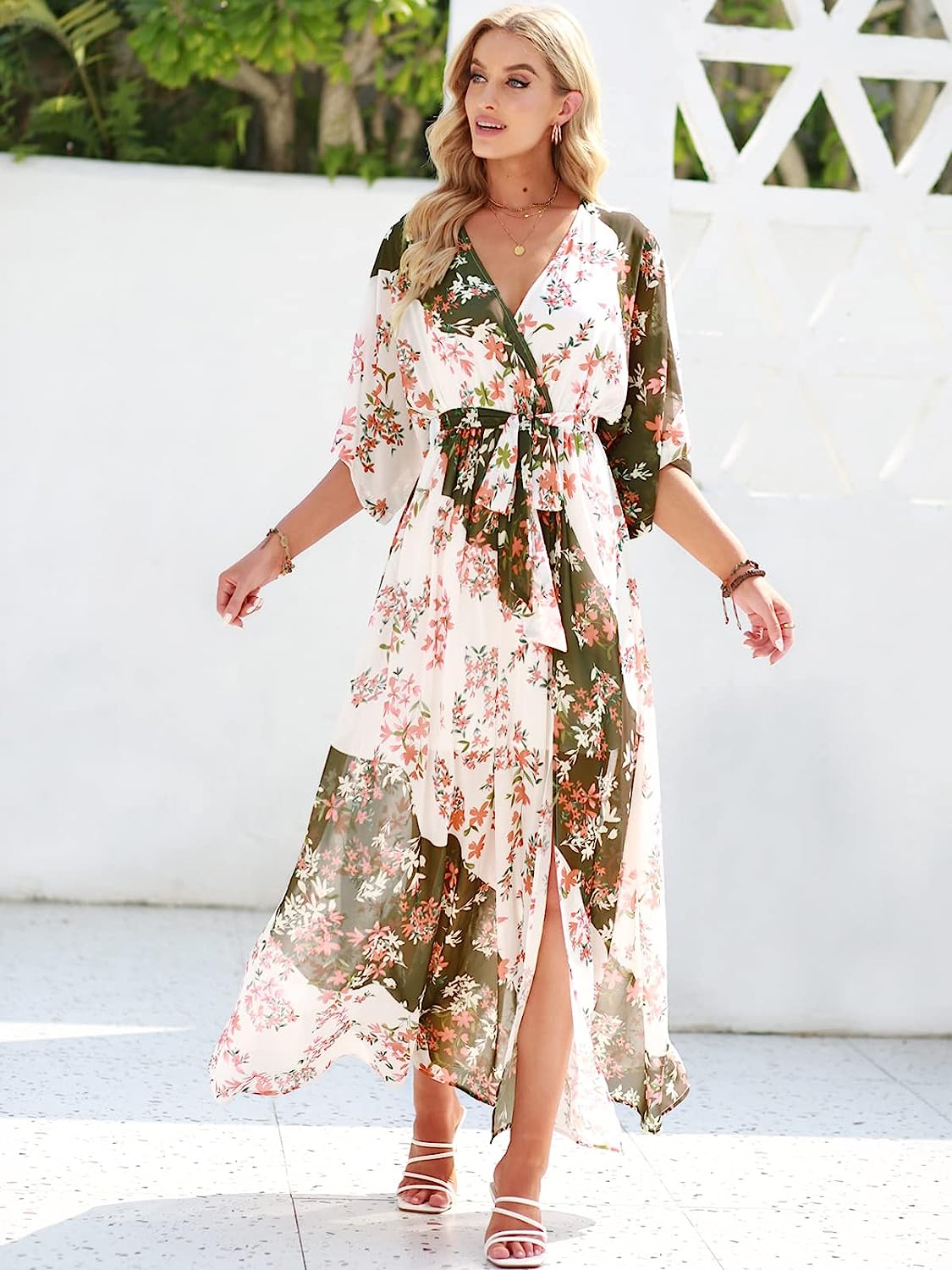 Women's Summer Loose Kimono Maxi Dress Wrap V Neck 3/4 Sleeve Floral Print Slit Long Dresses
