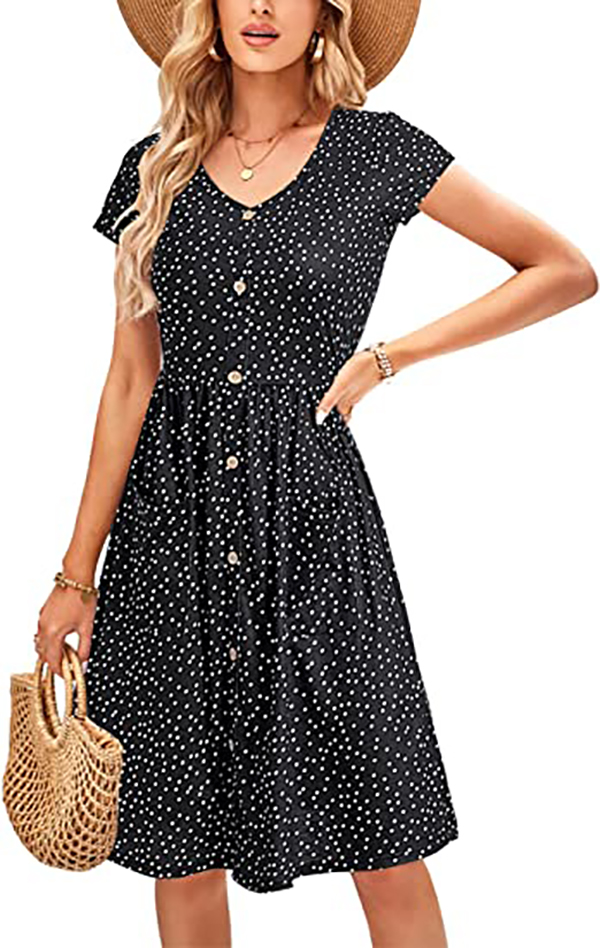 Fashion New Dresses Women's V Neck Print Flower Button Down Skater Dress with Pockets