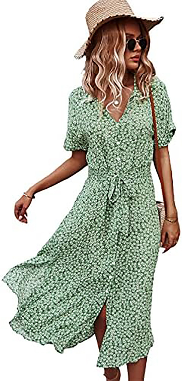 Womens Summer Dress Casual Ditsy Floral Tie Front Button Up Boho Midi Tshirt Dresses