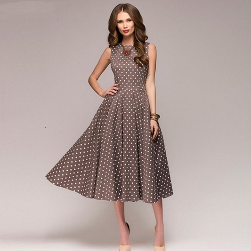 Casual Dresses Retro Summer Dress Sleeveless O-Neck Tank Top Women's Elegant Thin Dot Print Mid calf Casual Dress 230410