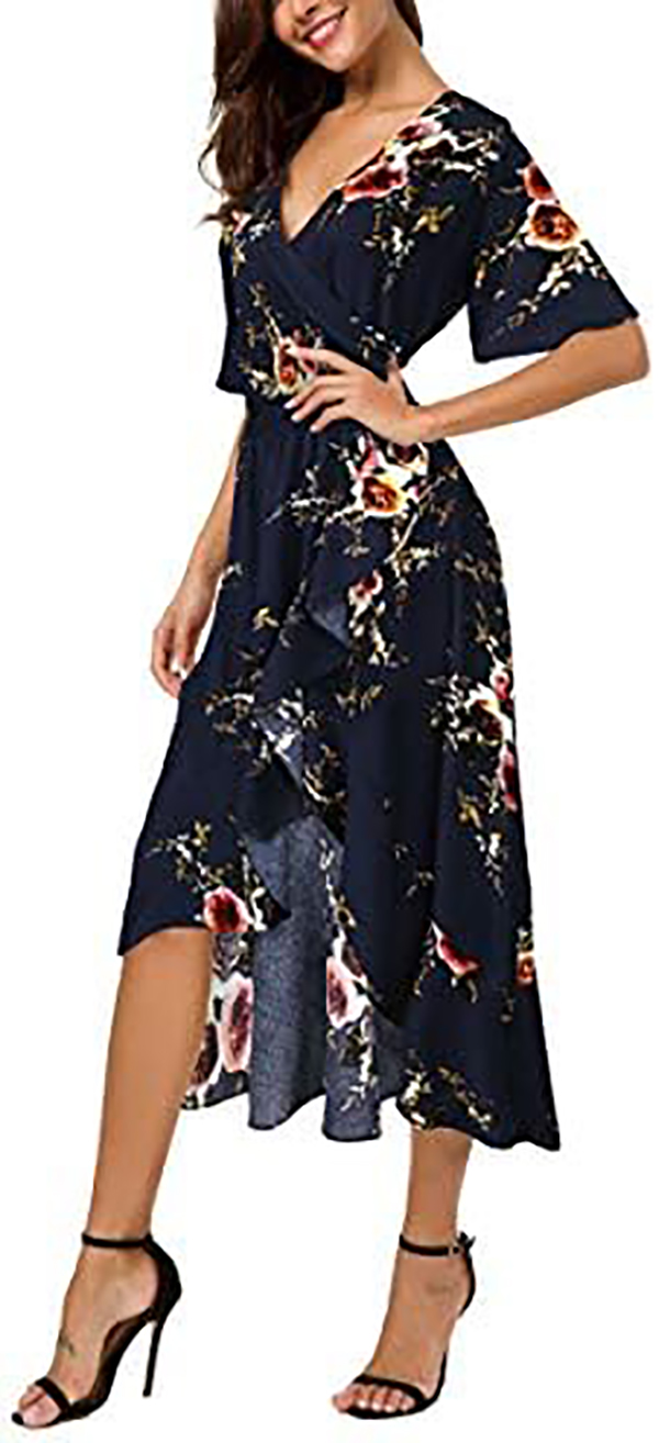 Womens Short Sleeve Floral High Low V-Neck Flowy Party Long Maxi Dress