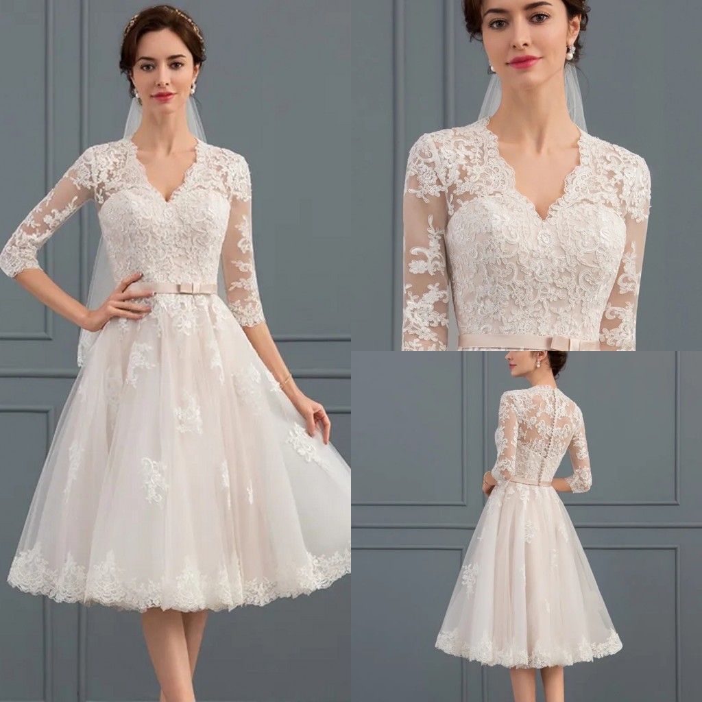 Classic Short Wedding Dress 2024 A-e V-neck Half Sleeves Knee-Length Tulle Lace Garden Bridal Gown Bride Shower Vestidos De Noiva