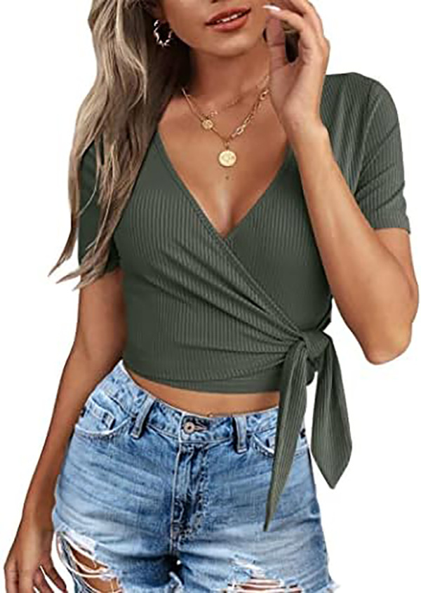 Crop Tops for Women Summer Cute Tops with Deep V Neck Shirts Unique Cross Wrap Slim Fit Tie Up Front Short Sleeve