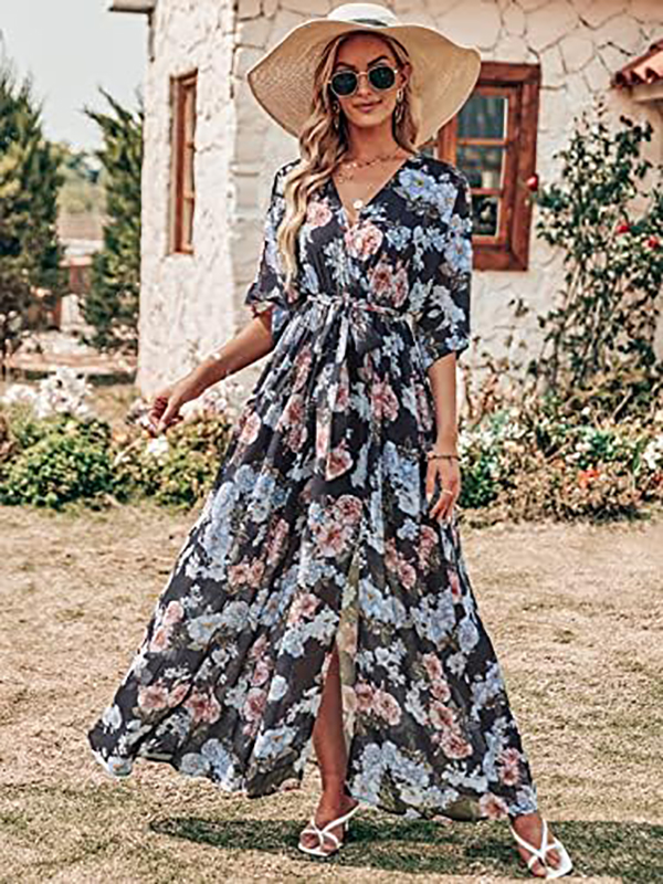 Women's Summer Loose Kimono Maxi Dress Wrap V Neck 3/4 Sleeve Floral Print Slit Long Dresses