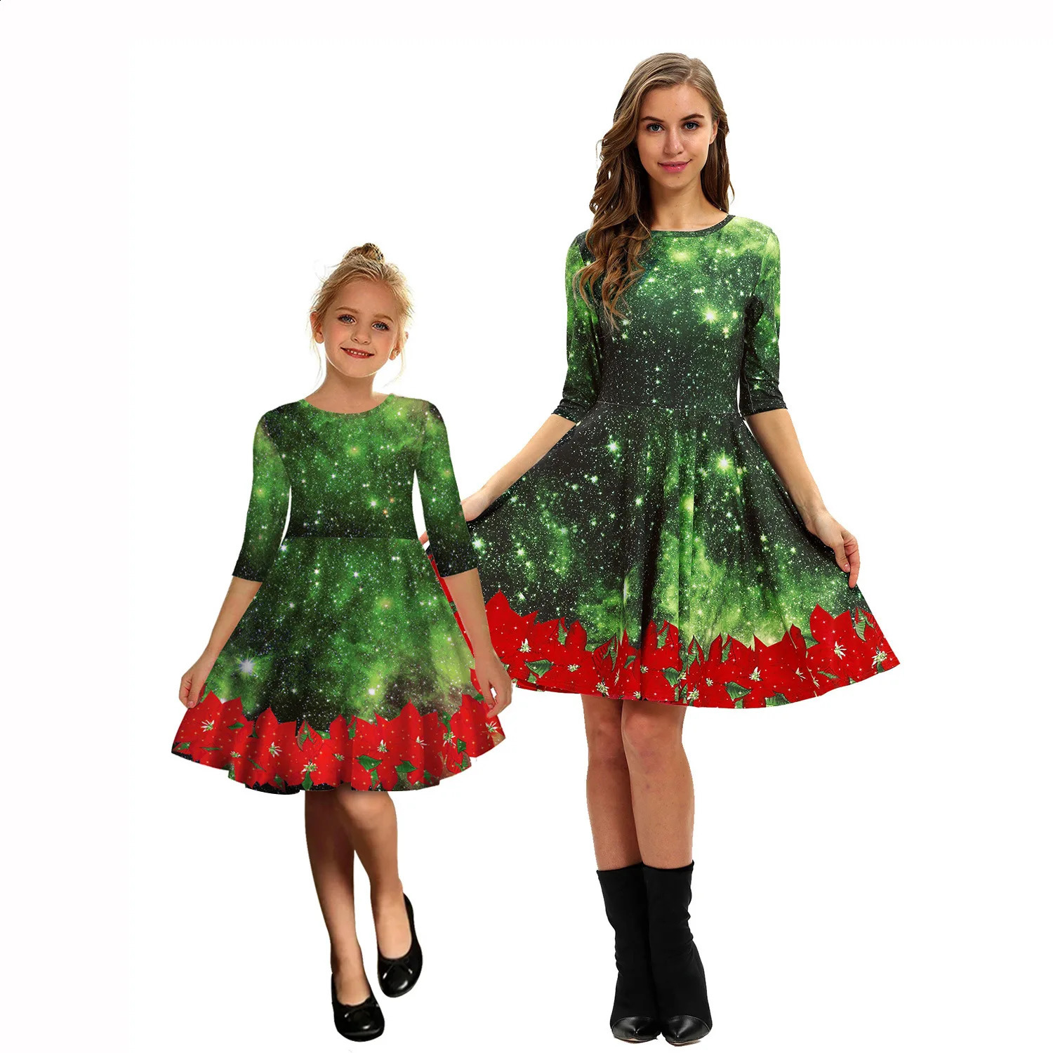 Family Matching Outfits Mommy and Me Clothe Girls Clothes Dress Green Christmas Digital Printing Outfit Mother Daughter 231109