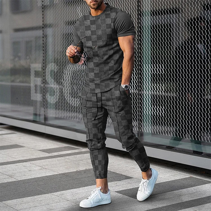 Men's Tracksuits Men's Summer Tracksuit 2 Pieces Lattice Printing TShirtTrousers Set Casual Jogging Suit Fashion Male Oversized Streetwear 2