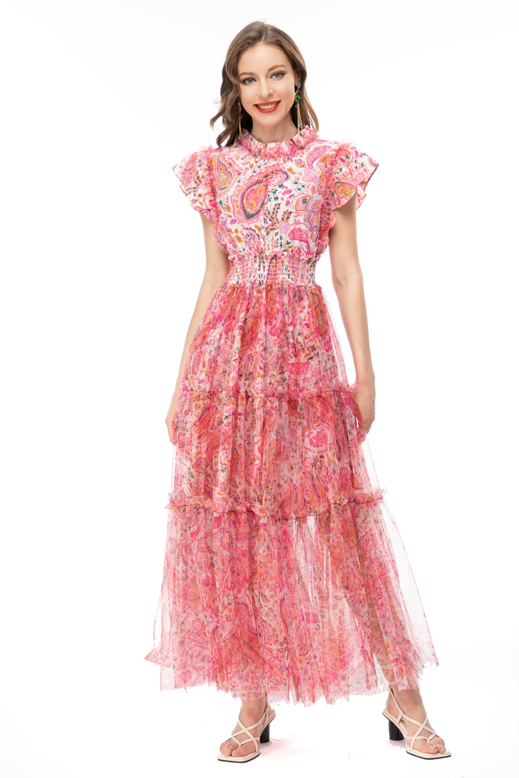 Women's Runway Dresses Stand Collar Sleeveless Printed Elastic Waist Ruffles High Street Fashion Vestidos