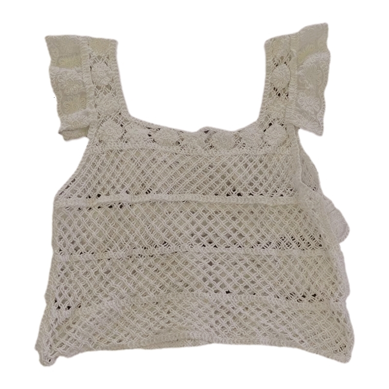 Camisoles Tanks Women's crochet lace sleeveless crop vest with retro square neckline and laminated pleated hem vest hollow knit top 230410