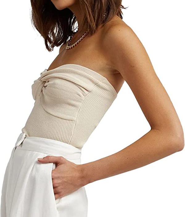 Womens Strapless Crop Top Sweetheart Neck Ribbed Knit Twisted Knot Front Sleeveless Y2K CamisoleTanks Top