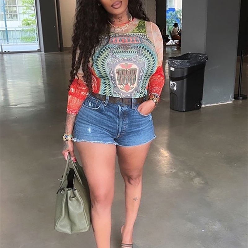 Womens TShirt Hawhaw Long Sleeve Graphic Mesh See Through Streetwear Tshirt Top Autumn Clothing Wholesale Products 230408