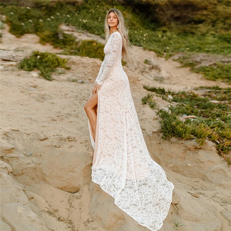 Lace Boho Wedding Dress for Women 2023 Long Sleeve Side Slit Backless Beach Bride Dresses Bridal Gowns Vestido De Noiva Mariage Sexy