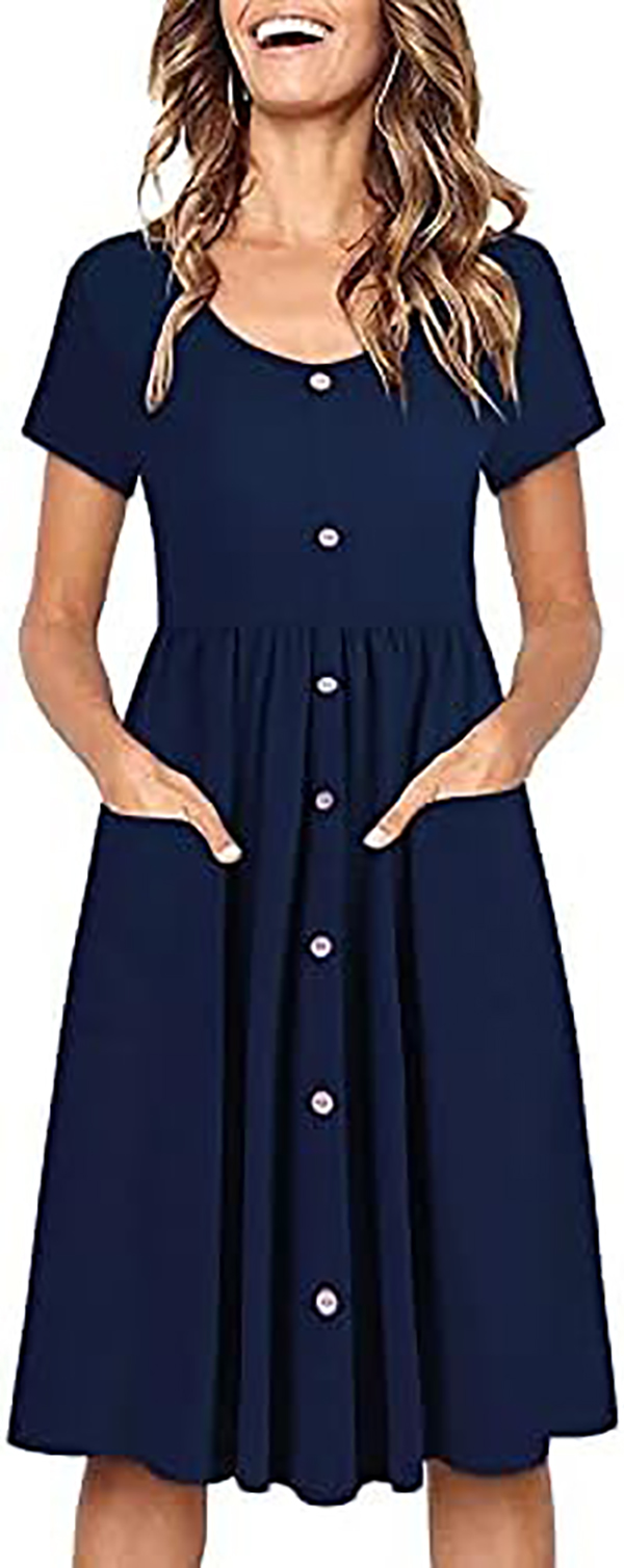 Fashion New Dresses Women's V Neck Print Flower Button Down Skater Dress with Pockets