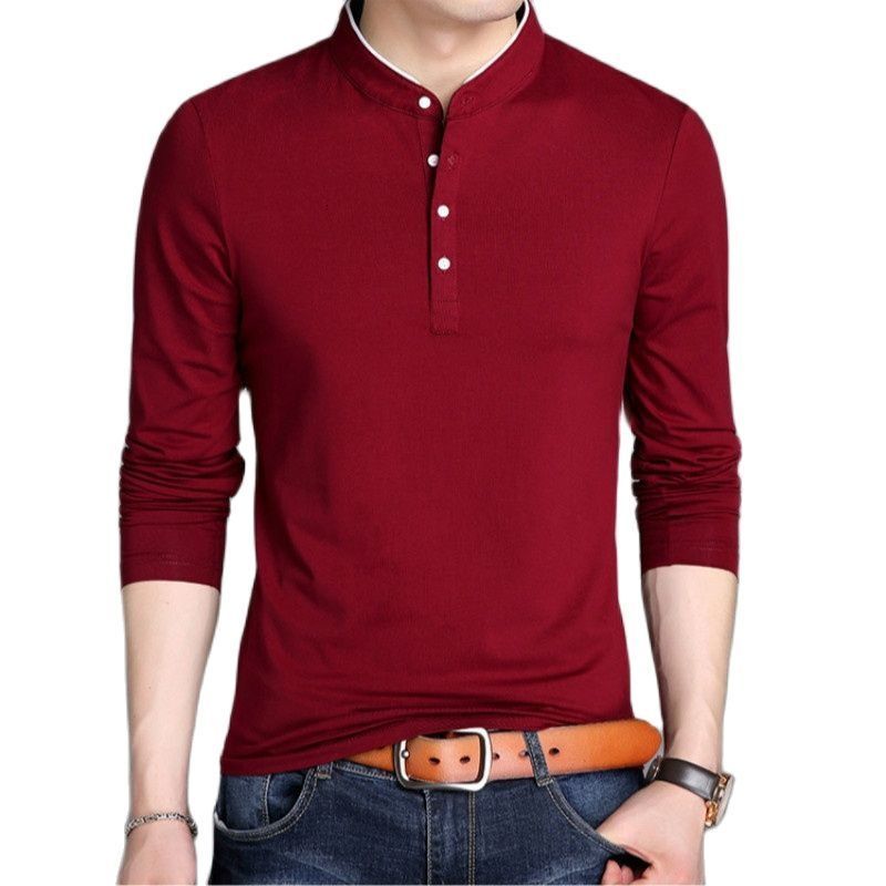 Men's T-Shirts Spring men's long sleeved T-shirt half button stand collar cotton zipper solid casual top comfortable Korean ultra-thin T-shi