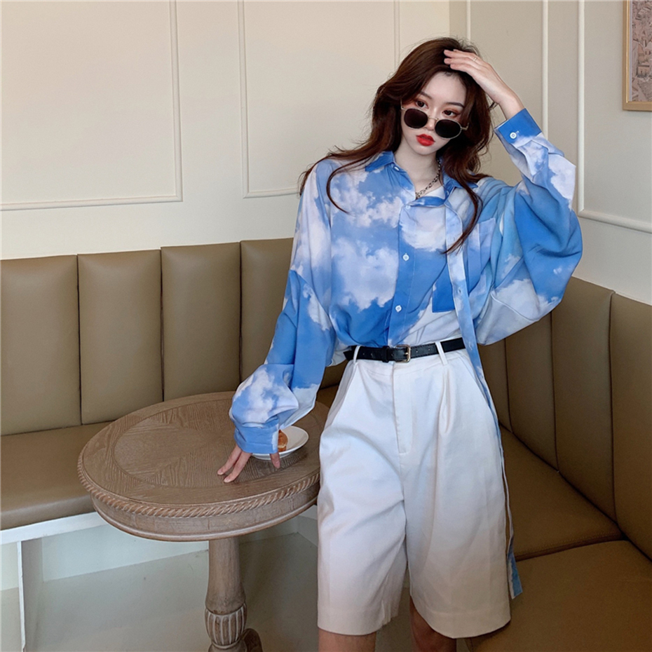 Women's Blouses Shirts Home>Product Display>Korean Harajuku Women's Shirts>Loose Blue Sky White Cloud Tie>Gradient Shirts>Ove