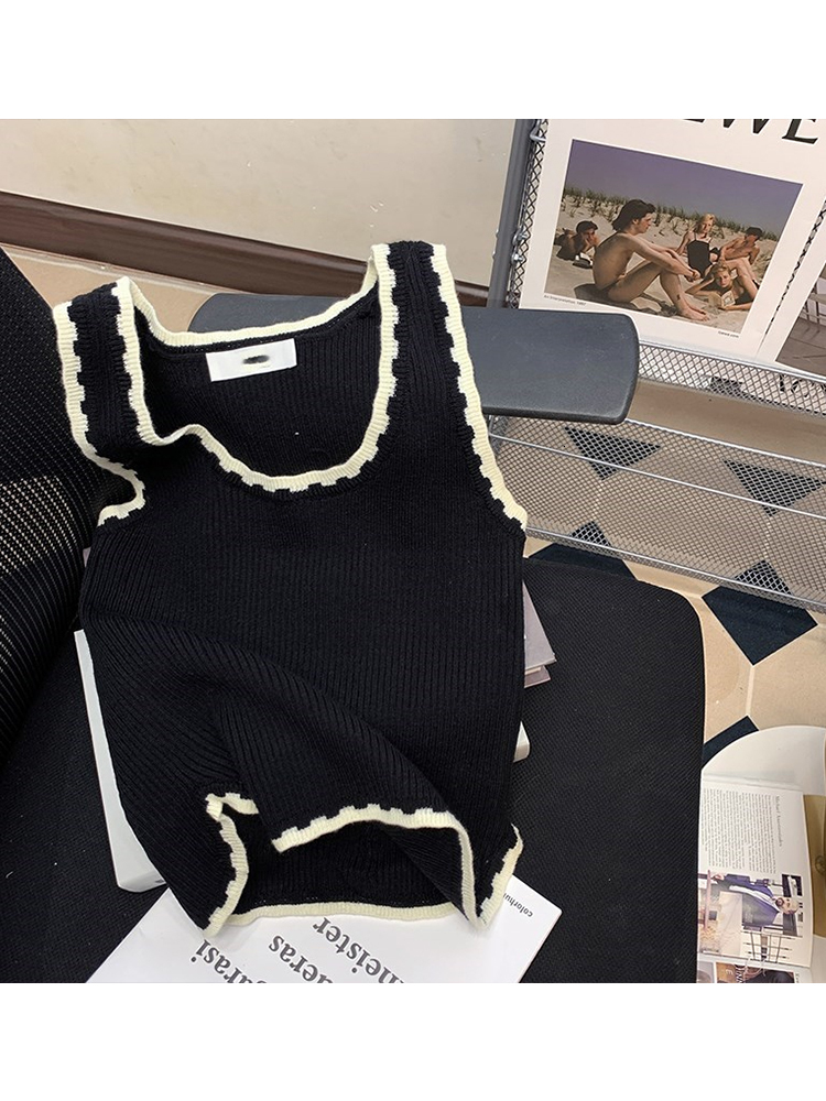 Camisoles Tanks Women's Solid U-Neck Ribbed Crop Women's Summer Basic Elastic Exposed NAVEL Top Contrast Color Patch Work Sleeveless Knitted