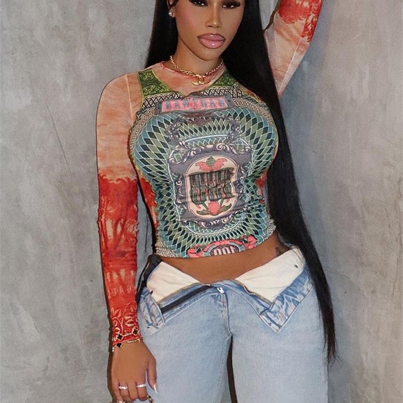 Womens TShirt Hawhaw Long Sleeve Graphic Mesh See Through Streetwear Tshirt Top Autumn Clothing Wholesale Products 230408