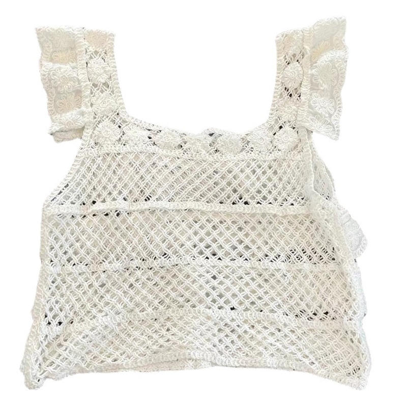 Camisoles Tanks Women's crochet lace sleeveless crop vest with retro square neckline and laminated pleated hem vest hollow knit top 230410