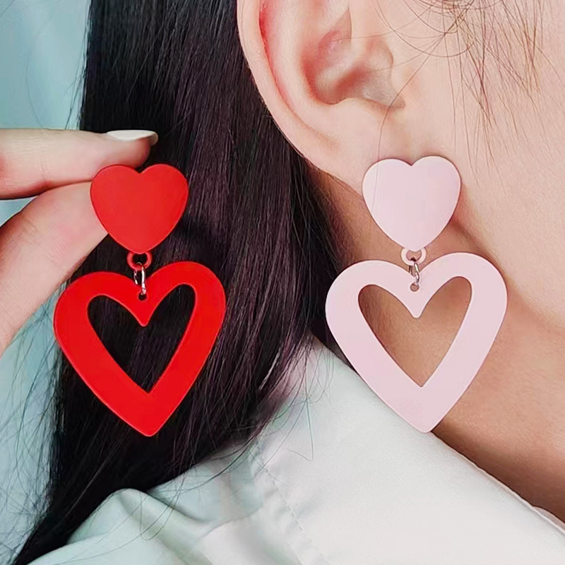 Women Hot Pink Studs Metal Alloy Love Heart Drop Earrings Summer Bohemia Beach Dangles Candy Geometric Statement Jewelry Valentine's Day Gifts fo