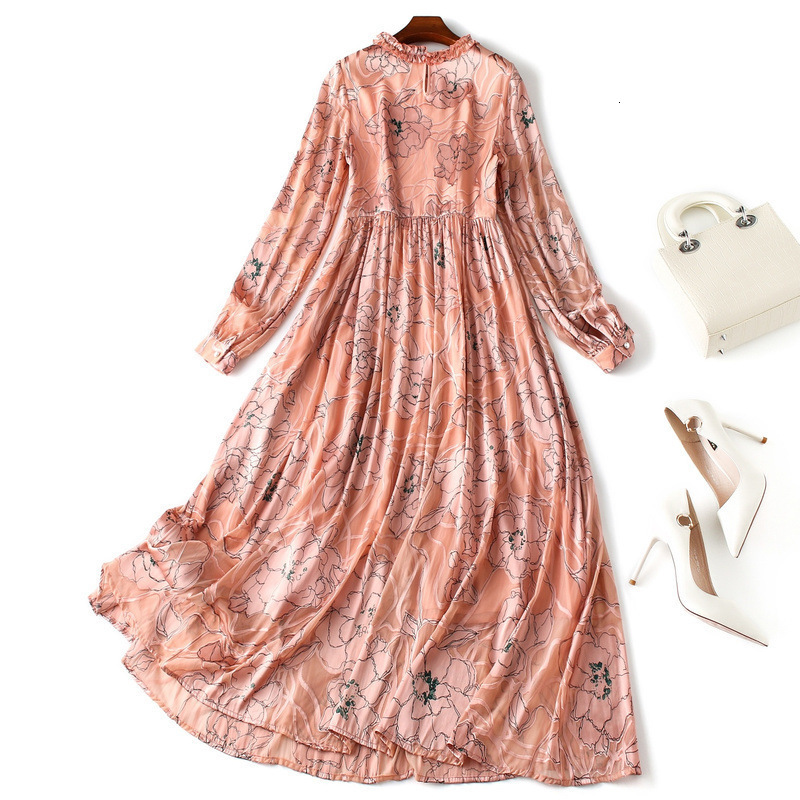 Casual Dresses silk dress autumn stitching lace dress long sleeve print fit and flare long dresses230413