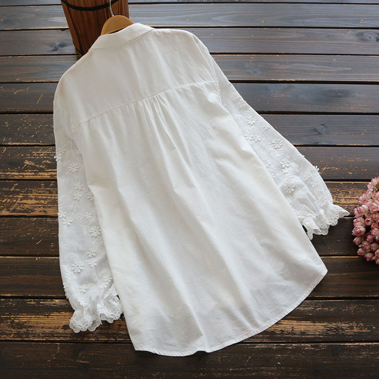 Women's Blouses Shirts 5891 Spring Women's Clothing Literature Japanese Style Cotton Embroidery Shirt Peter Pan Collar Long Sleeve Shirt 230