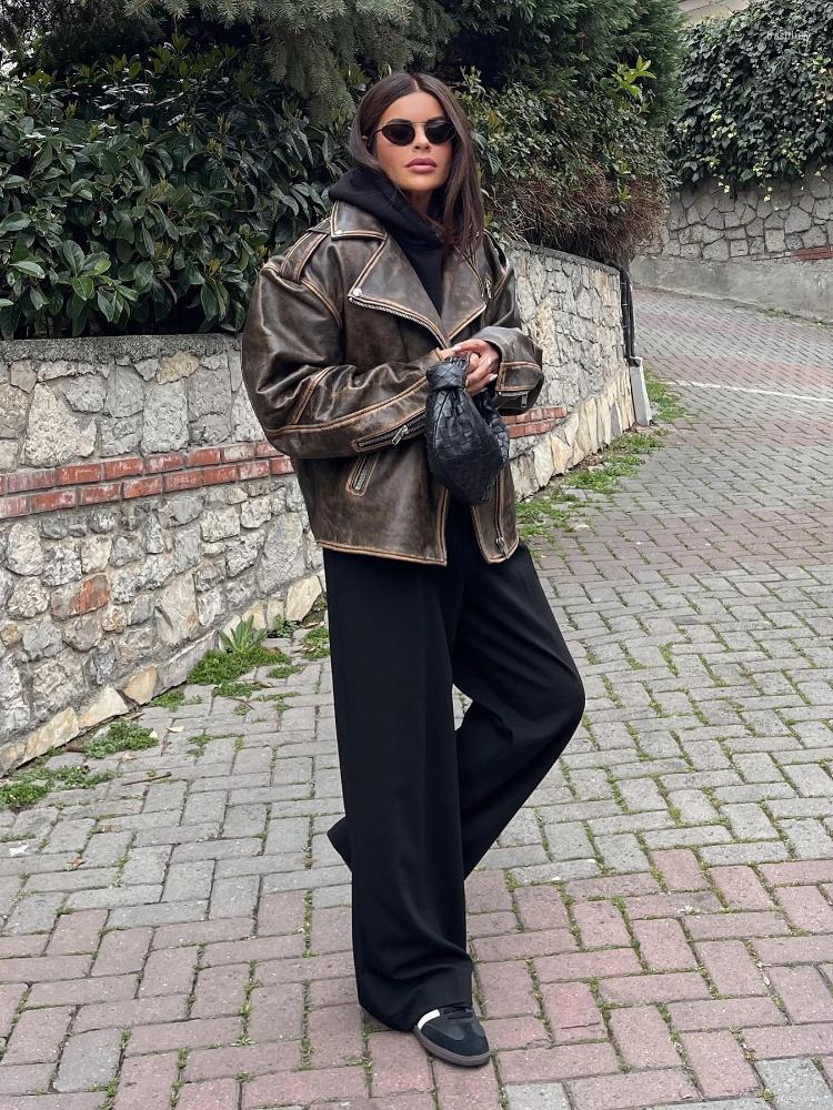 Women's Leather RR2478 Streetwear Worn Effect Bike Jackets For Women Oversized Boyfriend PU Jacket Loose Zipper Brown Coat