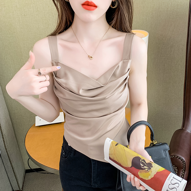 Camisoles Tanks Summer Silk Women's Top Camis Sexy Strap Top Women's Sleeveless Solid Folding Tank Top Women's V-neck Tank Top Basic Wh