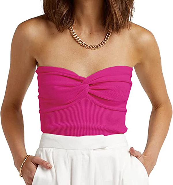 Womens Strapless Crop Top Sweetheart Neck Ribbed Knit Twisted Knot Front Sleeveless Y2K CamisoleTanks Top