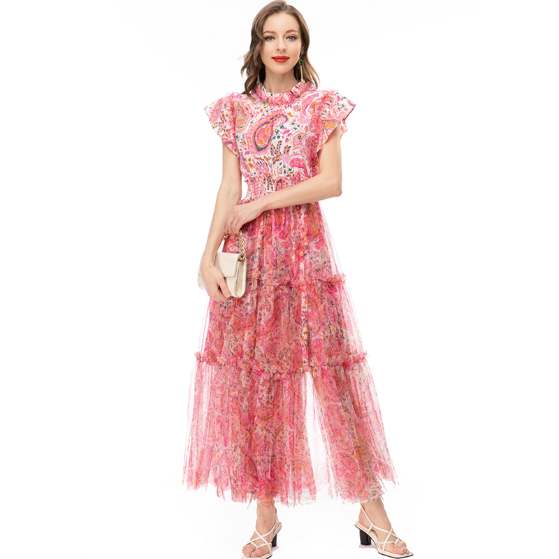 Women's Runway Dresses Stand Collar Sleeveless Printed Elastic Waist Ruffles High Street Fashion Vestidos