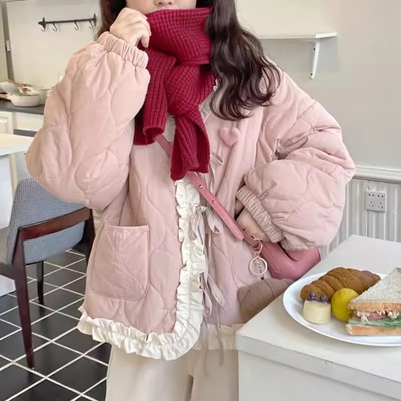 Women's Down Parkas Japanese Laceup Kawaii Cotton Jacket Women Sweet Vintage Ruffled Pink Y2k Trendy Lolita Winter Plush Warm Casual Outwear 2311