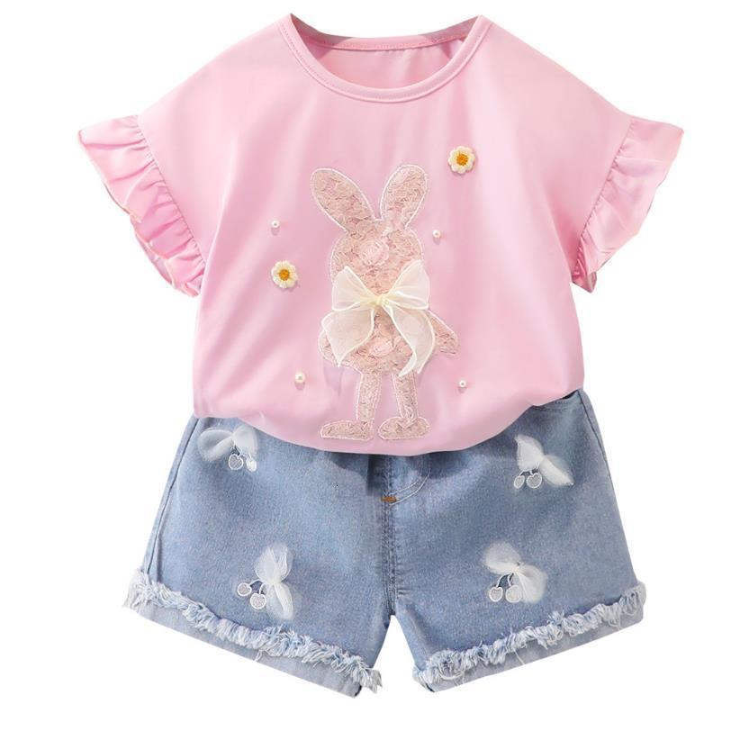 Clothing Sets Girls' summer clothing set denim shorts 2 pieces cotton cartoon fashion set children's baby and toddler clothing 0-4Y 230410