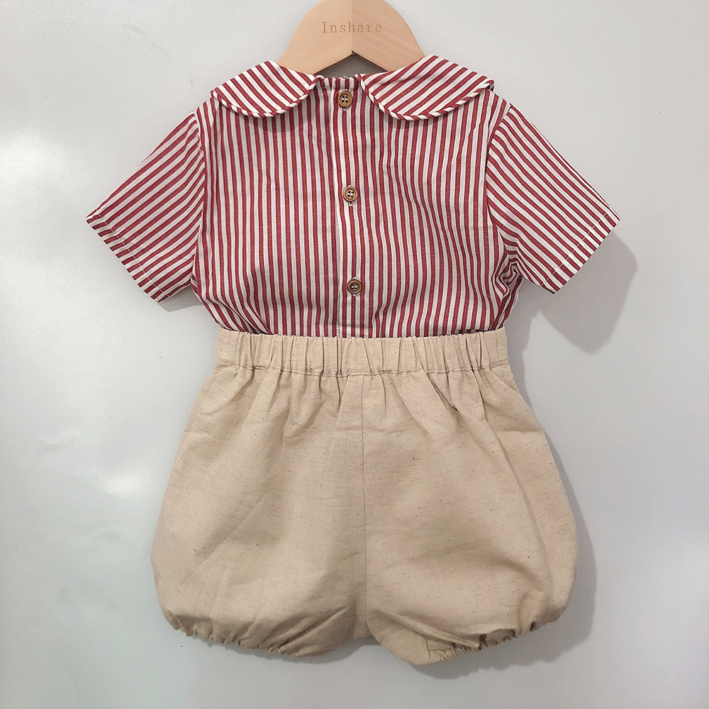 Clothing Sets 2-piece children's boutique clothing set Spanish baby short sleeved cotton linen striped set suitable for girls and boys' Eid 