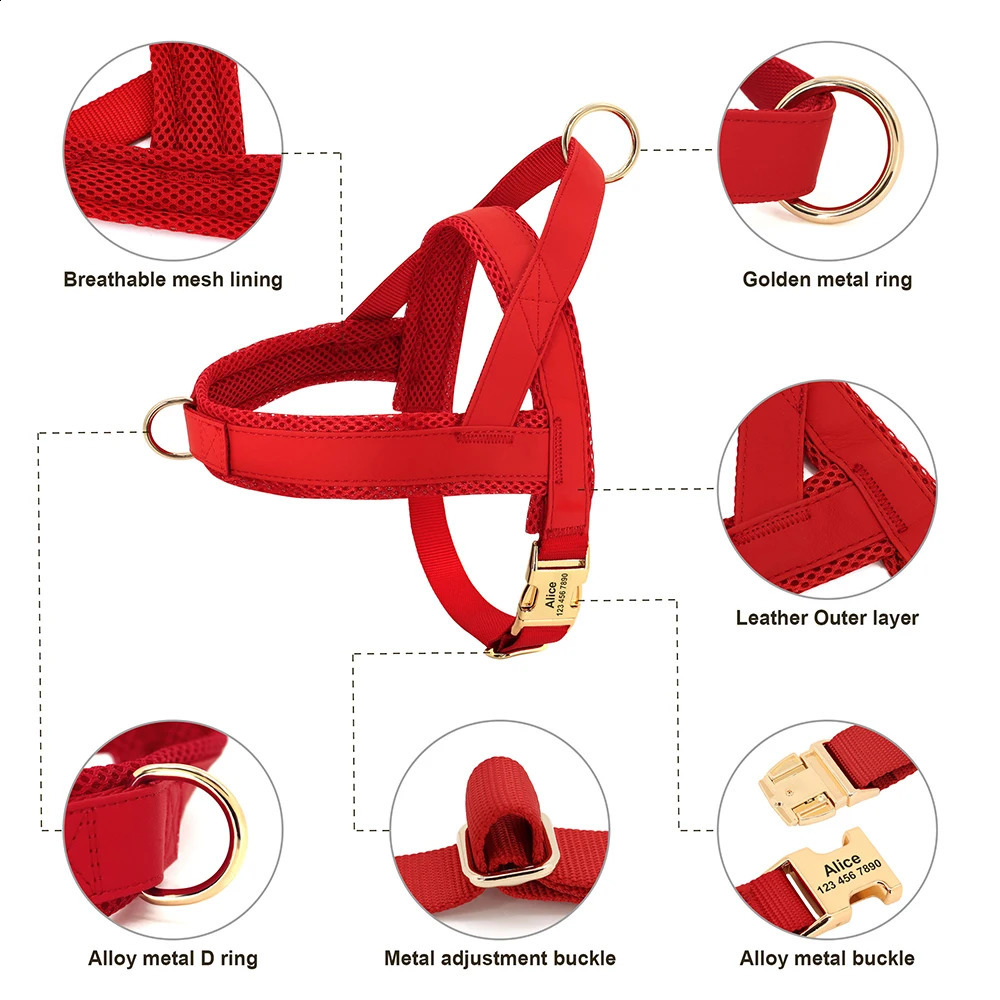 Dog Collars Leashes Personalized Leather Dog Collar Harness Leash Set Pet Mesh Vest Harness Customized ID Pet Leads For Small Medium Large Dogs 231110
