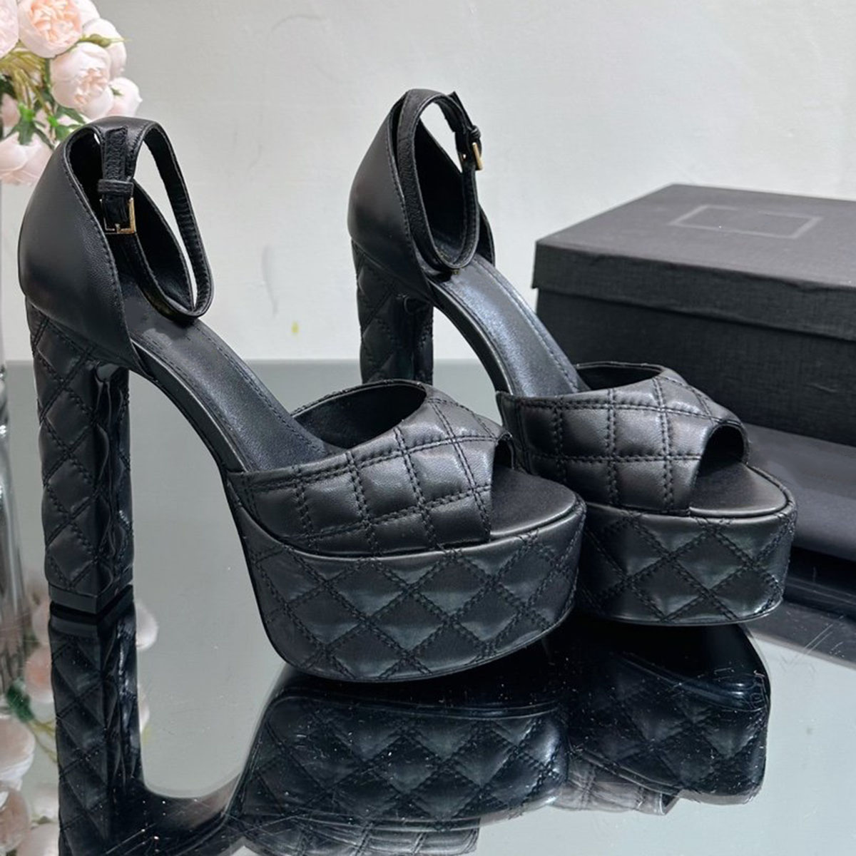 Rhombic Lattice Sandals platform pumps heeled chunky block heels open-top shoes women's luxury designers leather outsole evening party shoes 13.5cm factory footwear