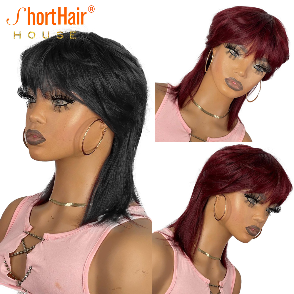 180% Density Burgundy Color Short Wigs For Women 100% Human Hair Pixie Cut Wig With Bangs None Full Lace Brazilian Wig Glueless