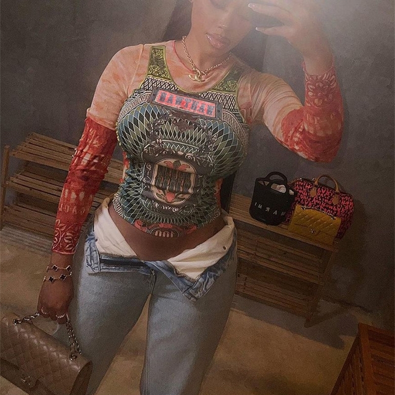 Womens TShirt Hawhaw Long Sleeve Graphic Mesh See Through Streetwear Tshirt Top Autumn Clothing Wholesale Products 230408