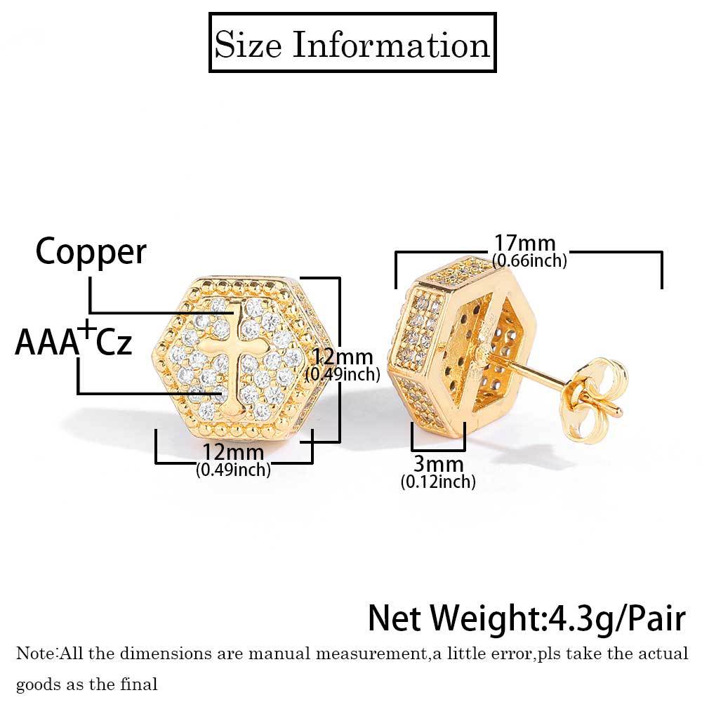 Hip Hop Hexagon Cross Stud Earrings Cylinder Shape Shining Zircon Dangle Earrings Gold Plated Vintage Geometric Jewelry