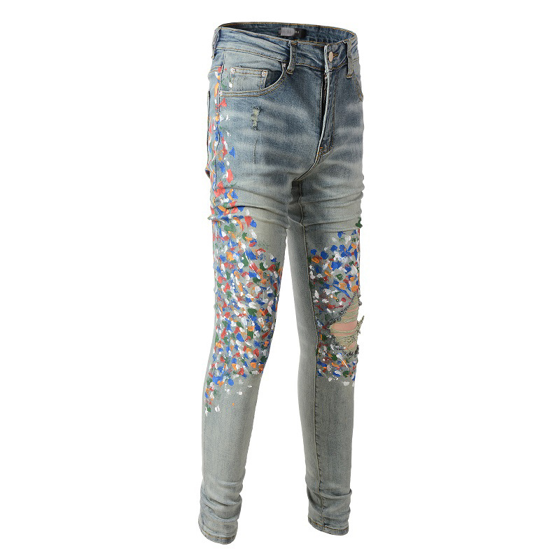 Casual men high street washed multi pocket blue splatter skinny light elastic jean