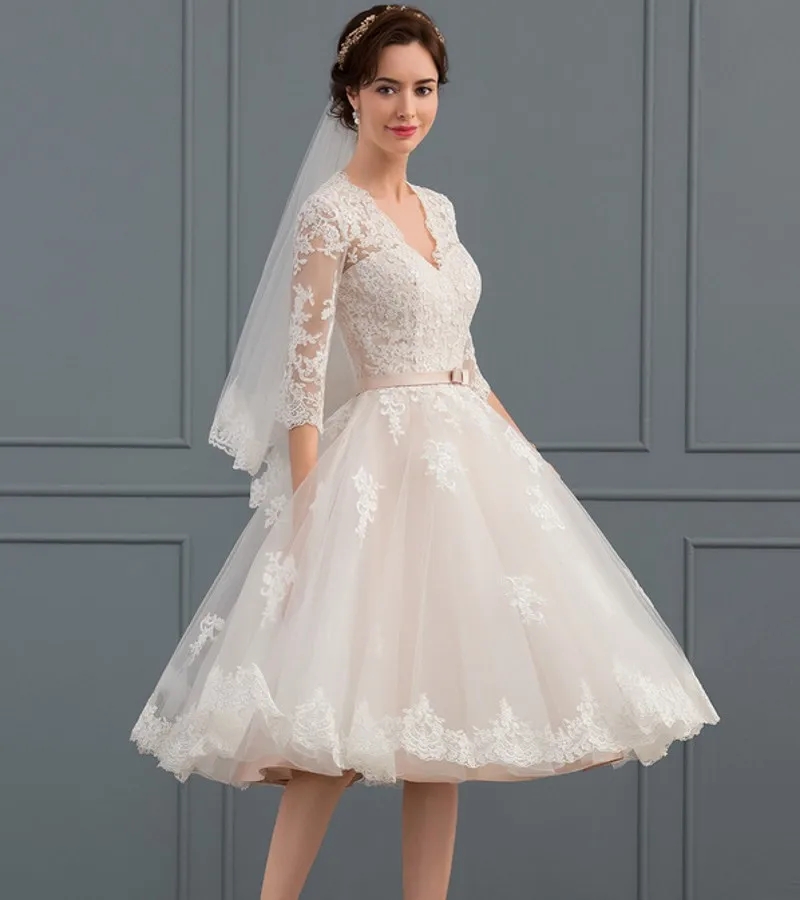 Classic Short Wedding Dress 2024 A-e V-neck Half Sleeves Knee-Length Tulle Lace Garden Bridal Gown Bride Shower Vestidos De Noiva