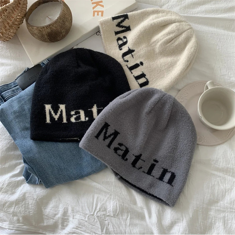 Beanie/Skull Caps Korean Letter Knitted Cap Women Dome Bag Head Vintage Versatile Beanie Men Hip-Hop Autumn Winter Warm Ski Hat Trending Y2k Kpop 2311