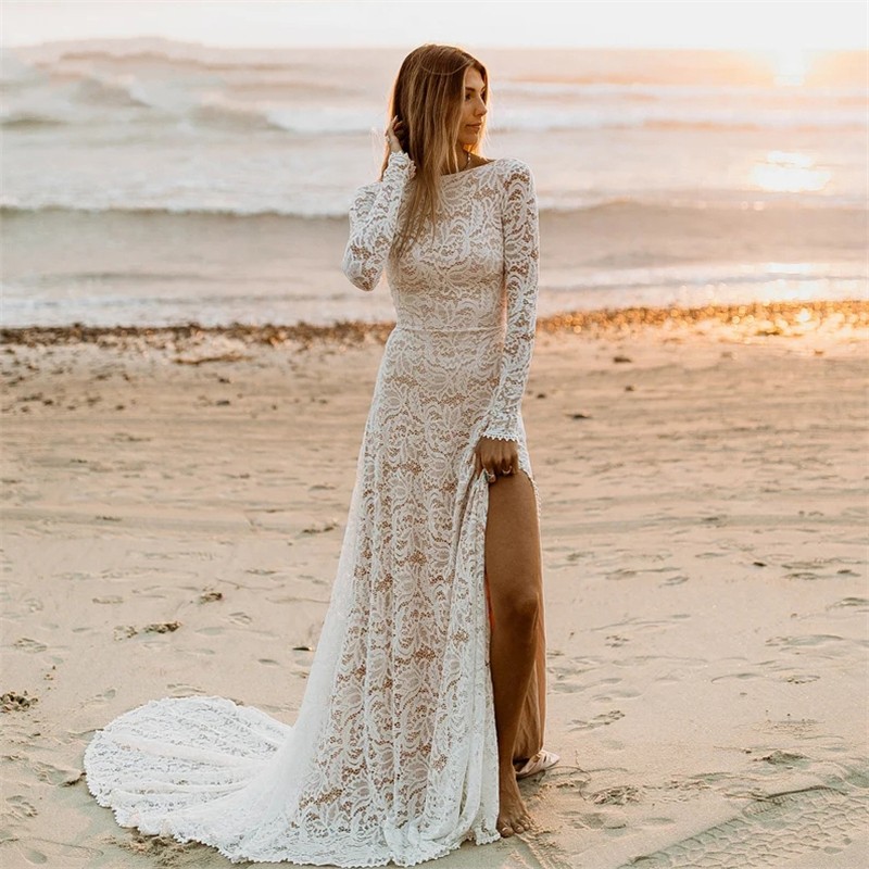 Lace Boho Wedding Dress for Women 2023 Long Sleeve Side Slit Backless Beach Bride Dresses Bridal Gowns Vestido De Noiva Mariage Sexy