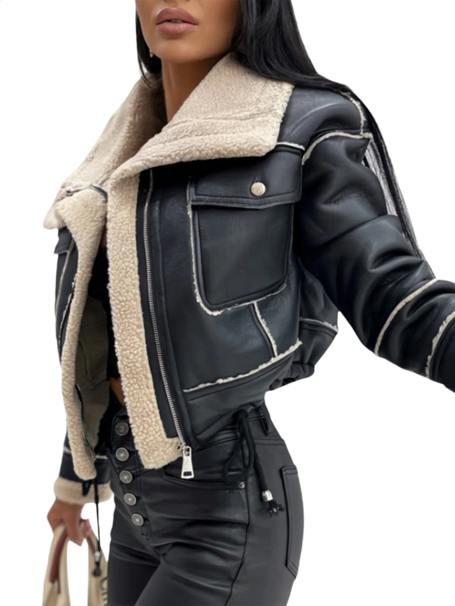 Women PU Faux Fur Leather Jacket Open Front Casual Furry Collar Lapel Short Parka Coat Warm Cardigan with Belt Outwear 241223