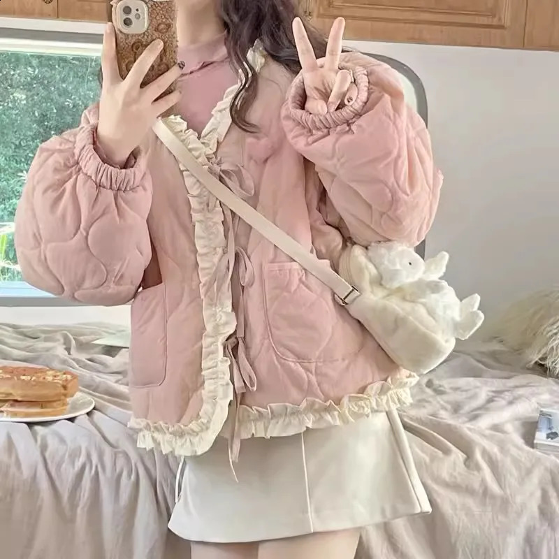 Women's Down Parkas Japanese Laceup Kawaii Cotton Jacket Women Sweet Vintage Ruffled Pink Y2k Trendy Lolita Winter Plush Warm Casual Outwear 2311