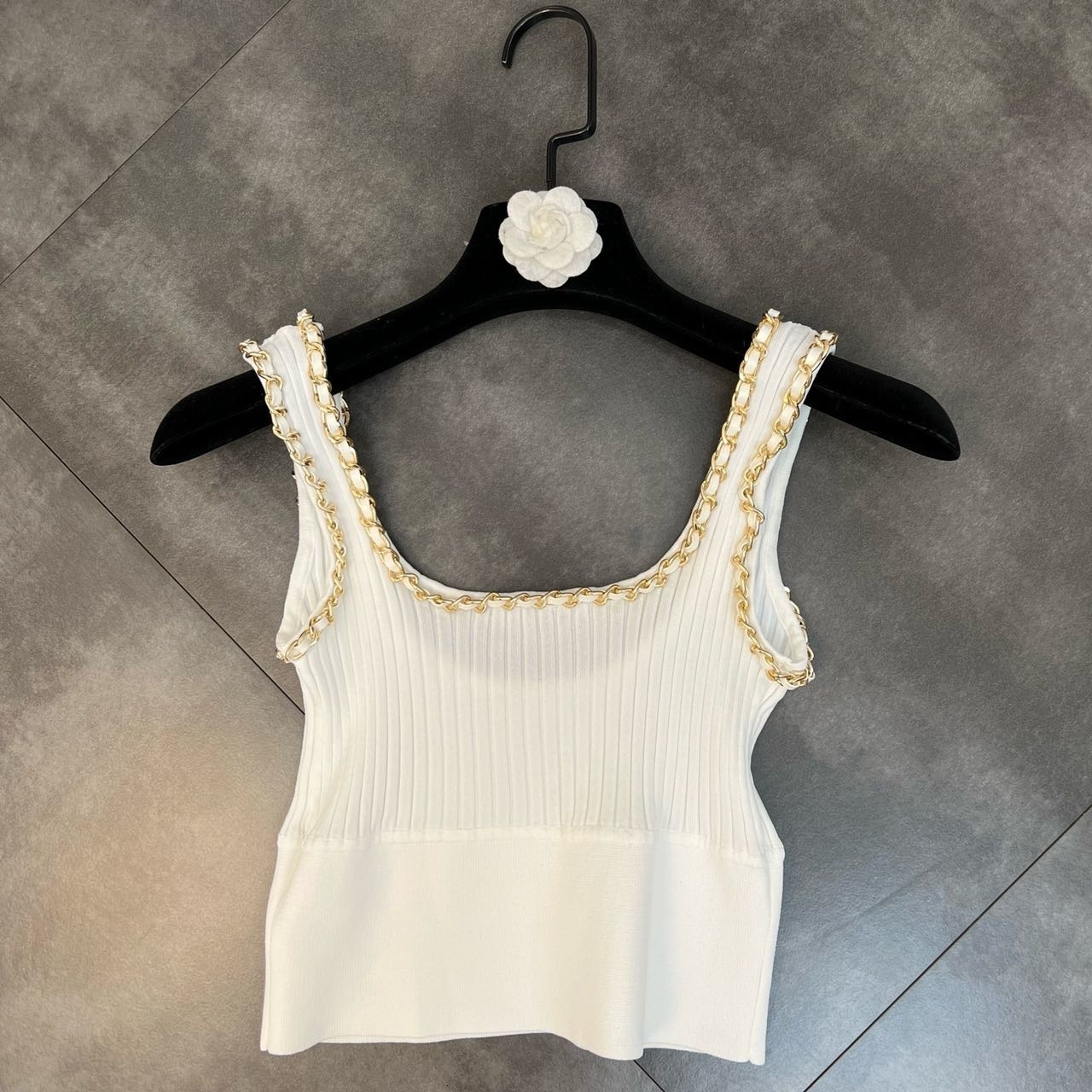 Camisoles Tanks PREPOP Summer Sleeveless Metal Chain Square Neckline Ultra Thin Knitted Tank Top Women's Tank Top GE919 230410