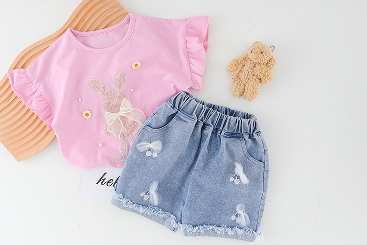 Clothing Sets Girls' summer clothing set denim shorts 2 pieces cotton cartoon fashion set children's baby and toddler clothing 0-4Y 230410