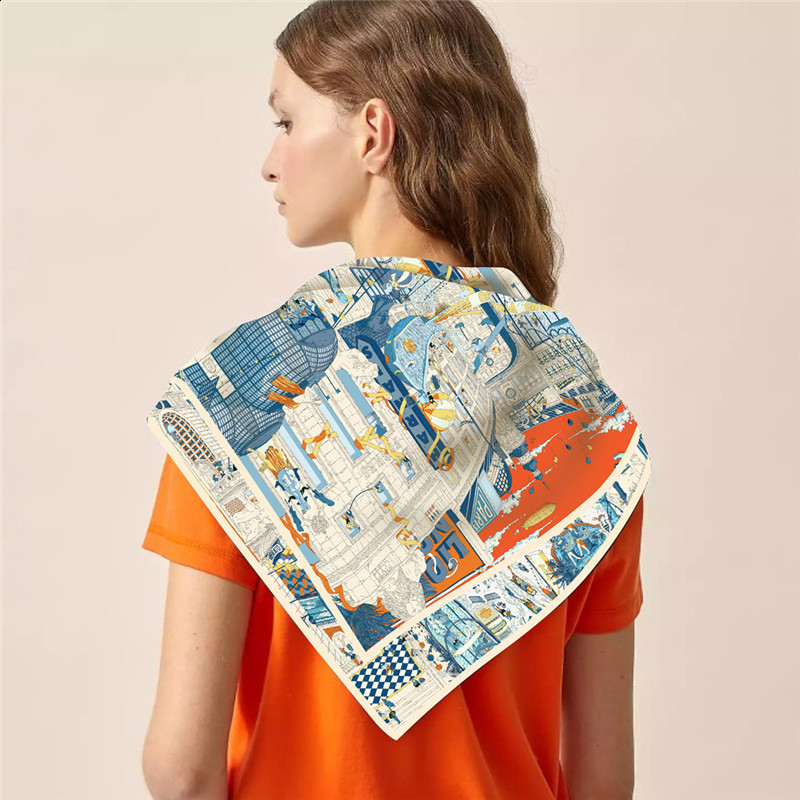 Sarongs Manual Hand Rolled Silk Scarf Women City Print Square Scarves Wraps Echarpes Curled Foulard Femme Bandana Hijabs 90CM 230508
