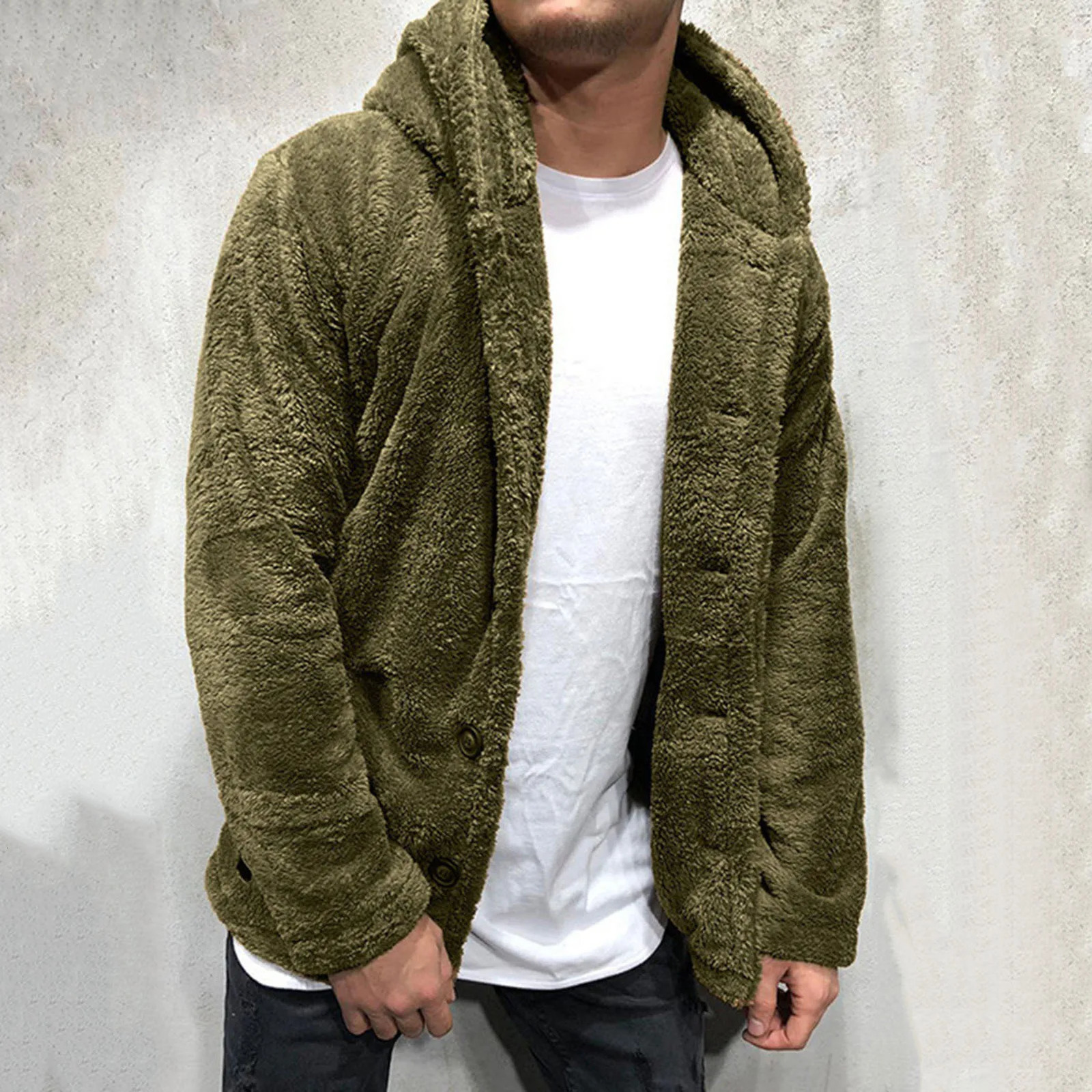 Men's Jackets Coat Fluffy Fleece Thick Warm Windbreaker Jacket Long Sleeve Hooded Coat Plush Buttons Closure Thicken Warm Men Coat Outerwear 2311