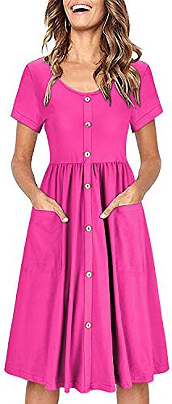 Fashion New Dresses Women's V Neck Print Flower Button Down Skater Dress with Pockets