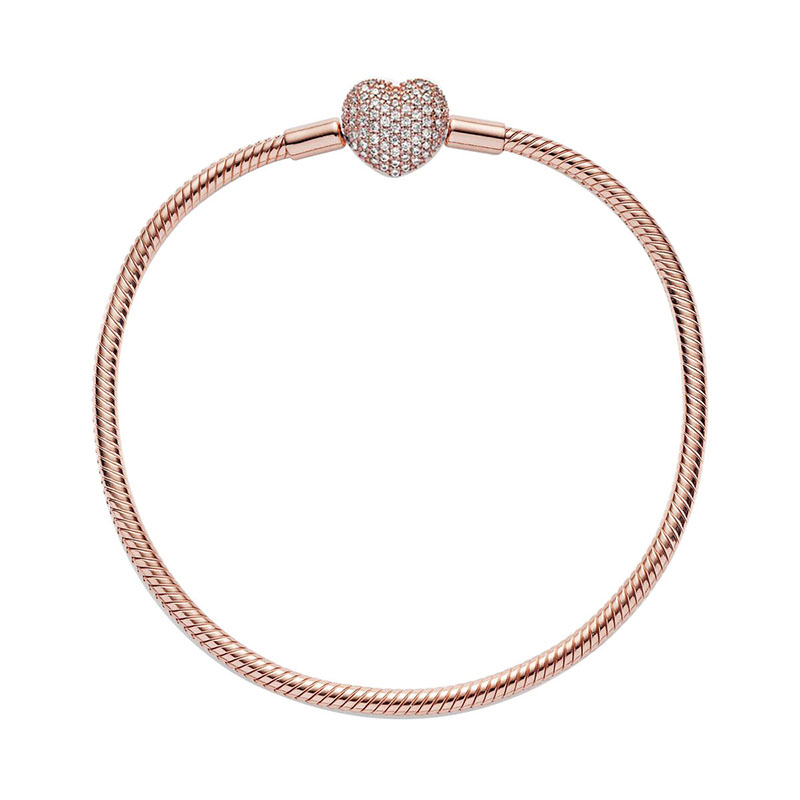 Rose Gold Pave Heart Clasp Charm Bracelets 925 Sterling Silver Snake Chain Bracelet Set For Women Girlfriend Gift Jewelry with Retail Box Z250910